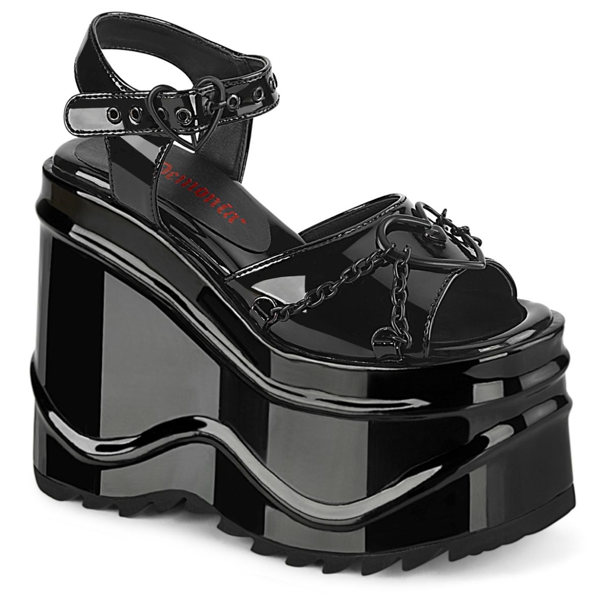 Product image of Demonia WAVE-09 Black Patent 6 inch (15.2 cm) Wedge Platform Ankle Strap Sandal Shoes