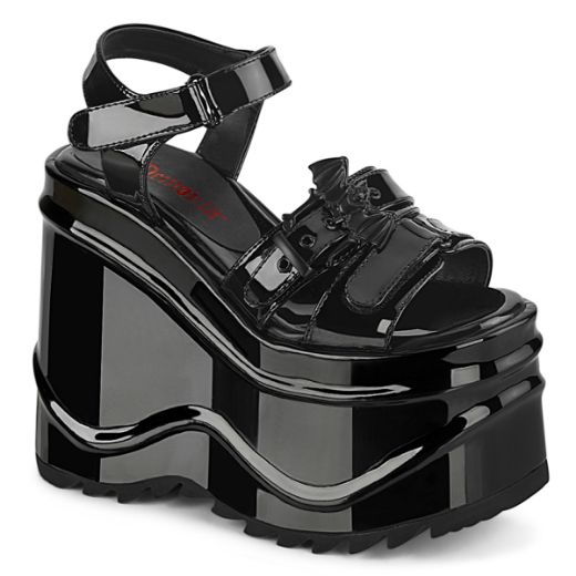 Product image of Demonia WAVE-13 Black Patent 6 inch (15.2 cm) Wedge Platform Hook & Loop Ankle Strap Sandal