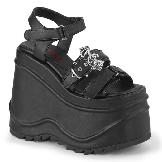 Product image of Demonia WAVE-13 Black Vegan Faux Leather 6 inch Wedge Platform Hook & Loop Ankle Strap Sandal