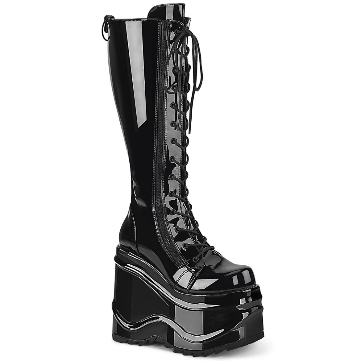 Product image of Demonia WAVE-200 Black Patent 6 inch Wedge Platform Lace-Up Knee High Boot Back Metal Zip