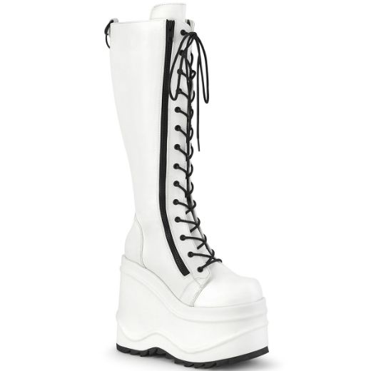 Product image of Demonia WAVE-200 White Vegan Faux Leather 6 inch Wedge Platform Lace-Up Knee High Boot Back Metal Zip