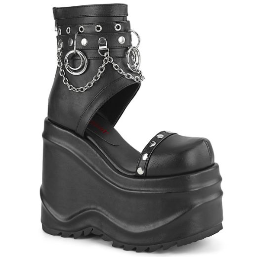Product image of Demonia WAVE-22 Black Vegan Faux Leather 6 inch (15.2 cm) (152Mm) Wedge Platform Bootie Sandal Back Zip