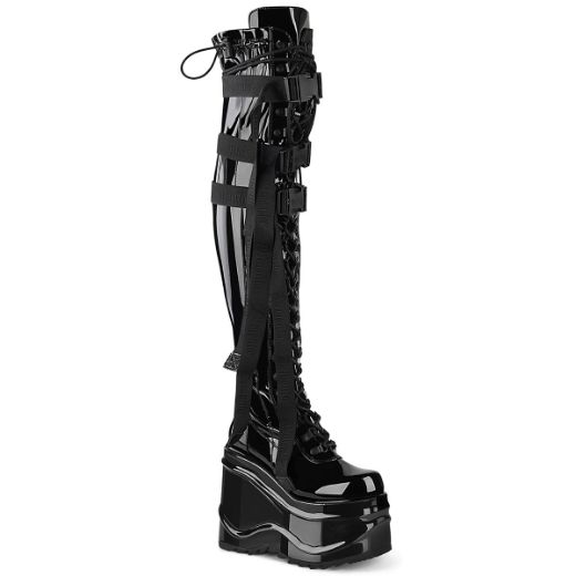 Product image of Demonia WAVE-315 Black Stretch Patent 6 inch (15.2 cm) Wedge Platform Lace-Up Stretch Thigh Boot Side Zip