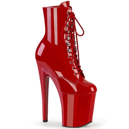 Product image of Pleaser XTREME-1020 Red Patent/Red 8 inch (20 cm) Heel 4 inch (10 cm) Platform Lace-Up Front Ankle Boot Side Zip