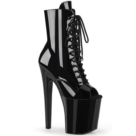 Product image of Pleaser XTREME-1021 Black Patent/Black 8 inch (20 cm) Heel 4 inch (10 cm) Platform Peep Toe Lace-Up Ankle Boot Side Zip