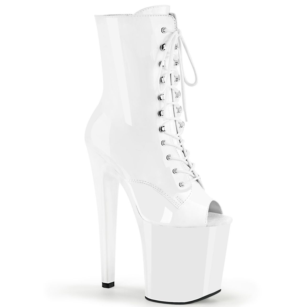 Product image of Pleaser XTREME-1021 White Patent/White 8 inch (20 cm) Heel 4 inch (10 cm) Platform Peep Toe Lace-Up Ankle Boot Side Zip