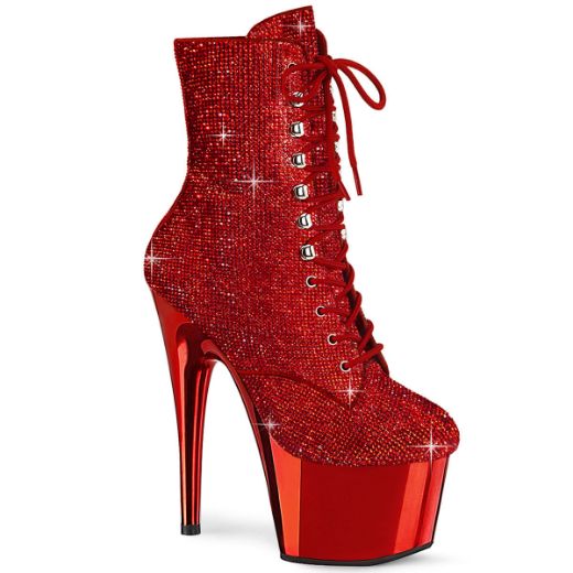 Image of Pleaser ADORE-1020CHRS Red RS/Red Chrome 7 Inch Heel  2 3/4 Inch PF RS Embellished Ankle Boot Side Zip