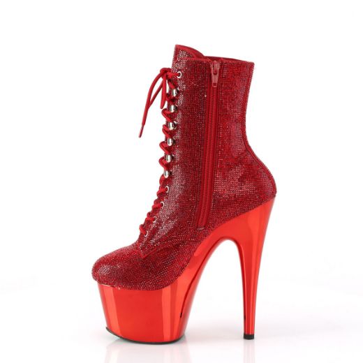 Image of Pleaser ADORE-1020CHRS Red RS/Red Chrome 7 Inch Heel  2 3/4 Inch PF RS Embellished Ankle Boot Side Zip