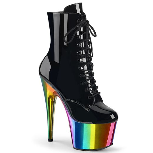 Image of Pleaser ADORE-1020RC Blk Pat/Rainbow Chrome 7 Inch Heel 2 3/4 Inch Chromed PF Lace-Up Ankle Boot Side Zip