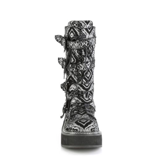 Image of Demonia EMILY-322 Blk-Silver Faux Nubuck Leather 2 Inch PF Lace_up Mid-Calf Boot w/ 4 Buckle Straps Back Zip