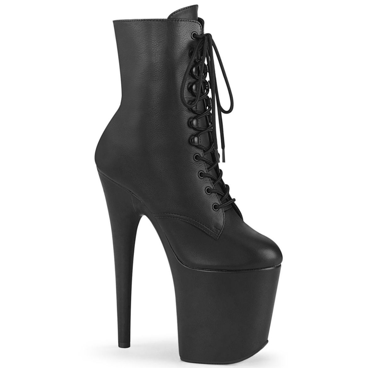 Image of Pleaser FLAMINGO-1020LWR Blk Leather/Blk Leather 8 Inch Heel 4 Inch PF Lace-Up Front Ankle Boot Side Zip