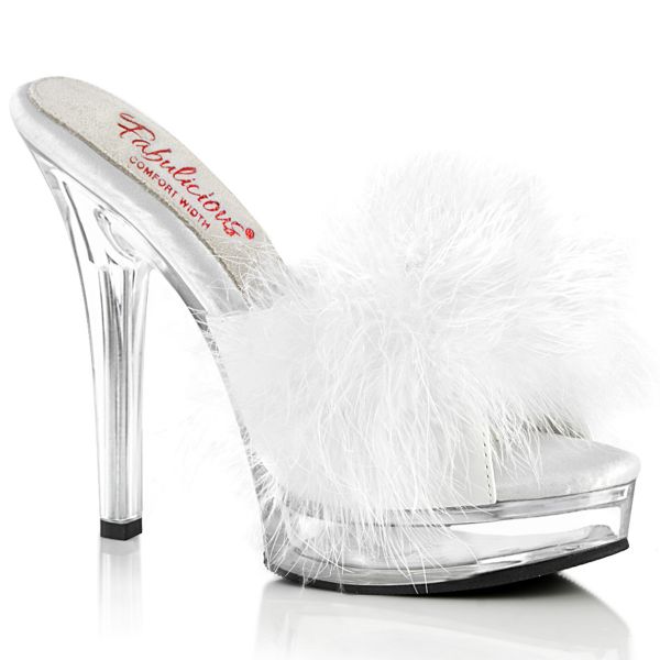 Image of Fabulicious MAJESTY-501F-8 Wht Faux Leather-Fur/Clr 5 Inch Heel 7/8 Inch PF Marabou Slipper