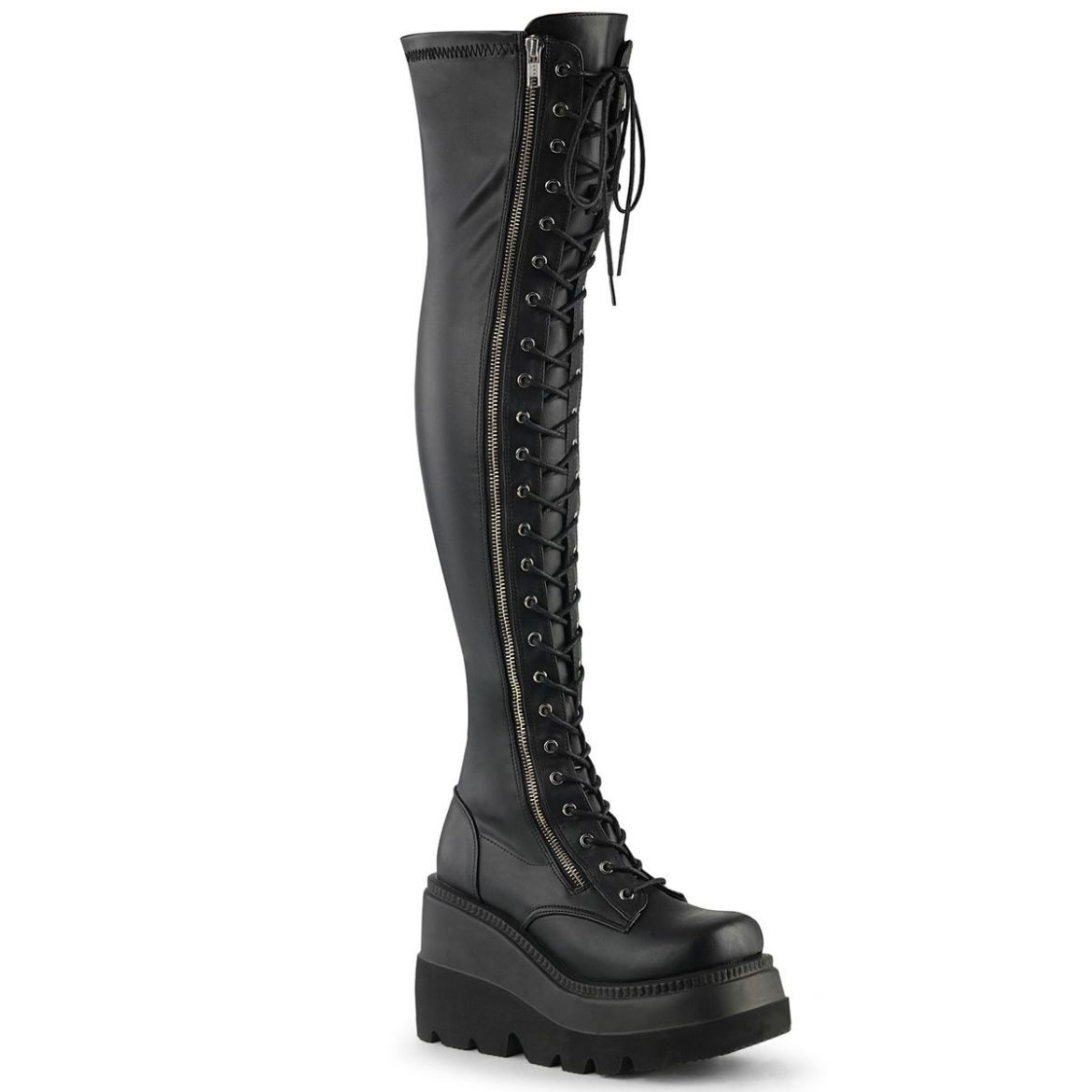 Image of Demonia SHAKER-374 Blk Str. Vegan Leather 4 1/2 Inch Wedge PF Lace-Up Thigh-High Boot Outside Zip