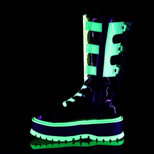 Image of Demonia SLACKER-156 Blk Pat-UV Neon Green 2 Inch PF Lace-Up Mid-Calf Boot Metal Side Zip