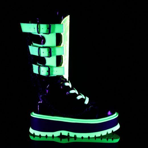 Image of Demonia SLACKER-156 Blk Pat-UV Neon Green 2 Inch PF Lace-Up Mid-Calf Boot Metal Side Zip