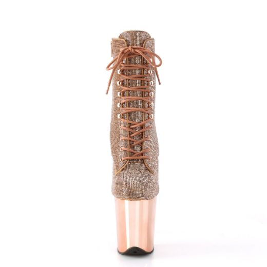Image of Pleaser FLAMINGO-1020CHRS Rose Gold RS/Rose Gold Chrome 8 Inch Heel  4 Inch PF Lace-Up RS Embellished Ankle Boot Side Zip