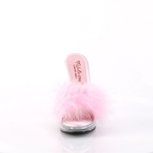 Image of Fabulicious GLORY-501F-8 B. Pink Faux Leather-Fur/Clr 5 Inch Heel 3/4 Inch PF Marabou Slipper