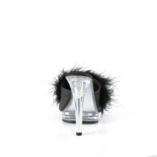 Image of Fabulicious GLORY-501F-8 Blk Faux Leather-Fur/Clr 5 Inch Heel 3/4 Inch PF Marabou Slipper