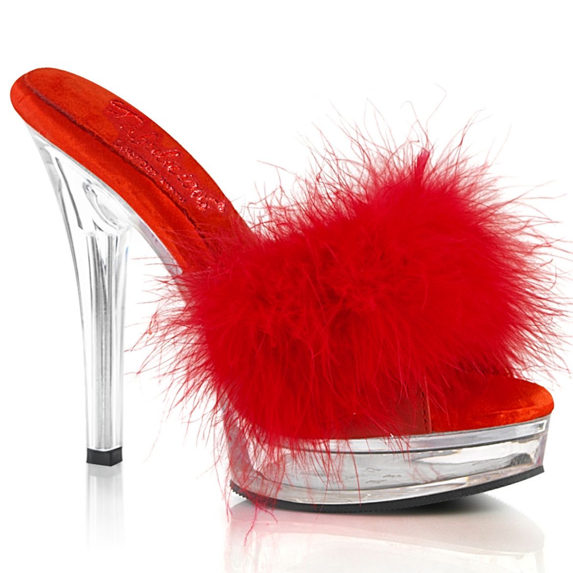 Image of Fabulicious MAJESTY-501F-8 Red Faux Leather-Fur/Clr 5 Inch Heel 7/8 Inch PF Marabou Slipper