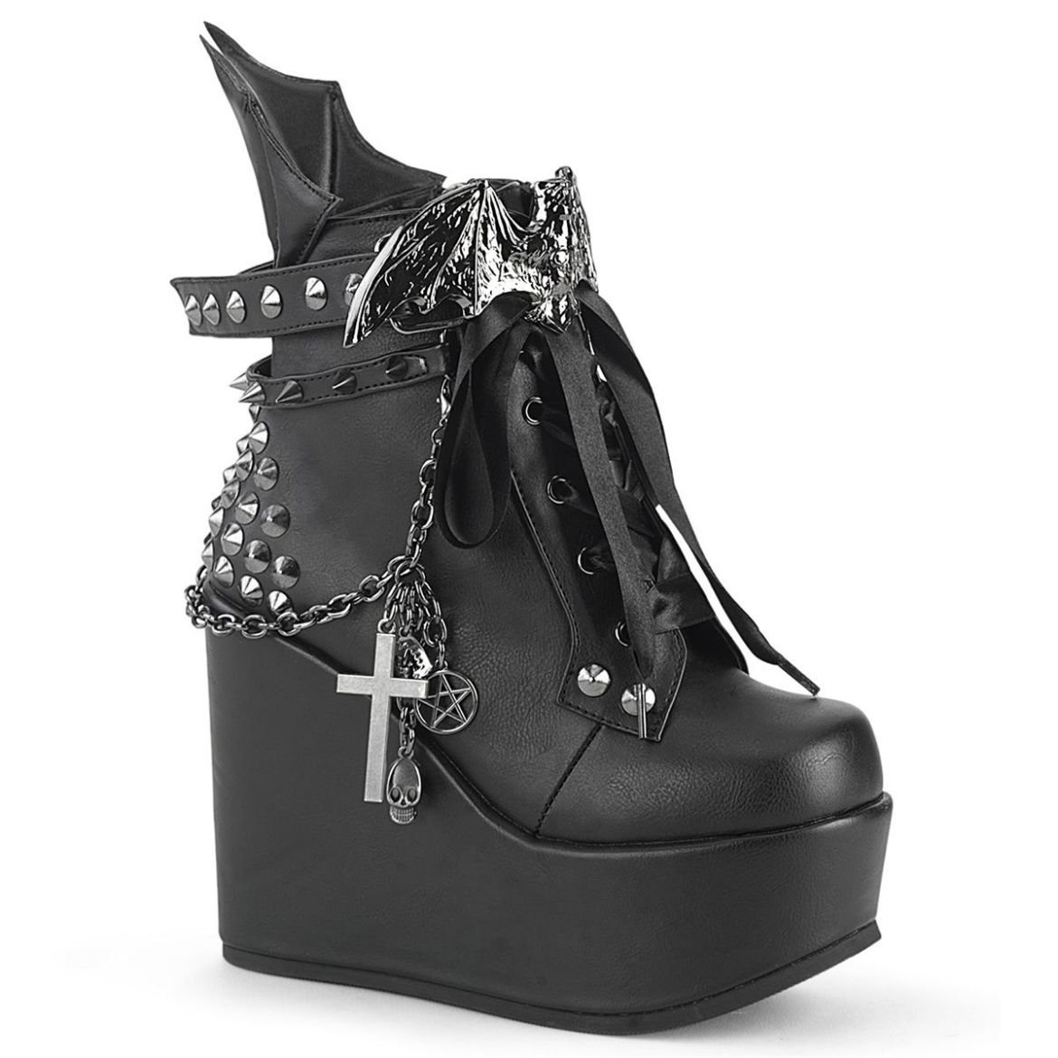 Image of Demonia POISON-107 Blk Vegan Leather 5 Inch Wedge PF Boot w/Straps Studs Assorted Charms & Chain