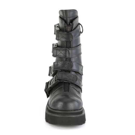 Image of Demonia RENEGADE-55 Blk Vegan Leather 2 1/2 Inch Tiered PF Strappy Calf High Boot Center Front Zip