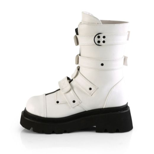 Image of Demonia RENEGADE-55 Wht Vegan Leather 2 1/2 Inch Tiered PF Strappy Calf High Boot Center Front Zip