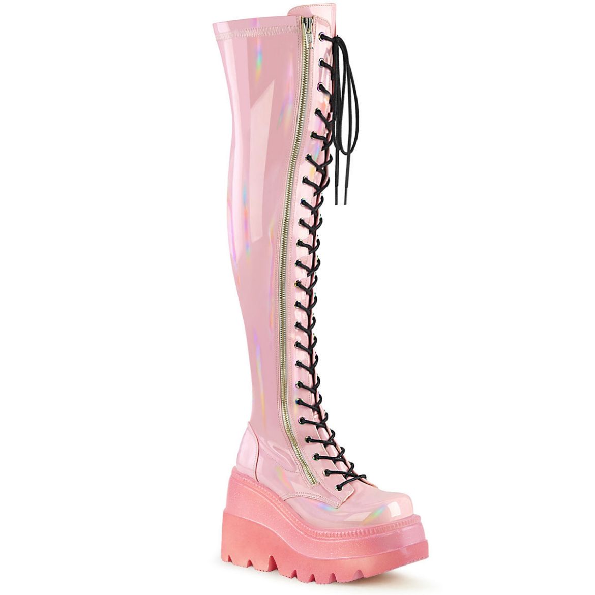 Image of Demonia SHAKER-374-1 B. Pink Hologram Stretch Patent **4 1/2 Inch Wedge PF Lace-Up Thigh-High Boot Outside Zip