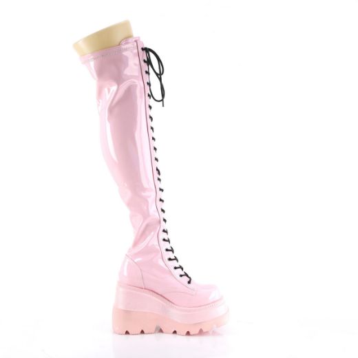 Image of Demonia SHAKER-374-1 B. Pink Hologram Stretch Patent **4 1/2 Inch Wedge PF Lace-Up Thigh-High Boot Outside Zip
