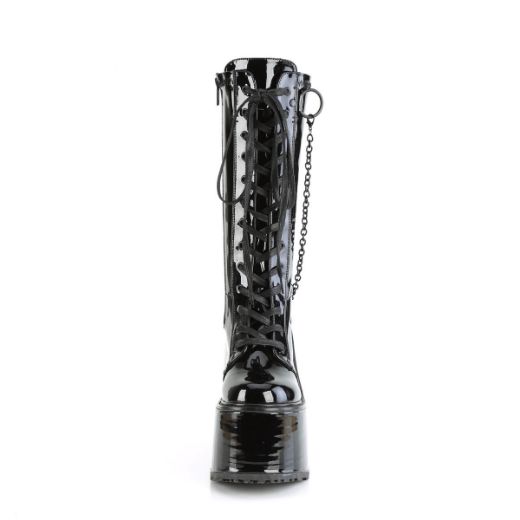 Image of Demonia SWING-150 Blk Stretch Pat 5 1/2 Inch PF Lace-Up Knee High Boot Side Zip