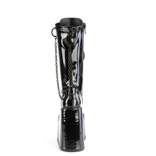 Image of Demonia SWING-150 Blk Stretch Pat 5 1/2 Inch PF Lace-Up Knee High Boot Side Zip