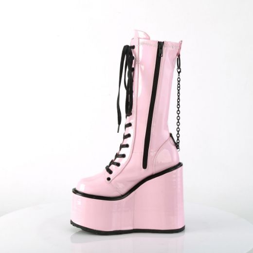 Image of Demonia SWING-150 B. Pink Holographic Stretch Pat 5 1/2 Inch PF Lace-Up Knee High Boot Side Zip