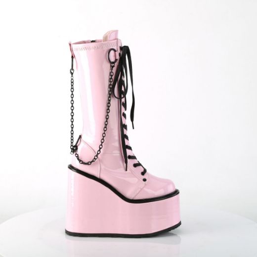 Image of Demonia SWING-150 B. Pink Holographic Stretch Pat 5 1/2 Inch PF Lace-Up Knee High Boot Side Zip