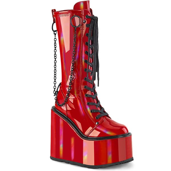 Image of Demonia SWING-150 Red Holographic Stretch Pat 5 1/2 Inch PF Lace-Up Knee High Boot Side Zip