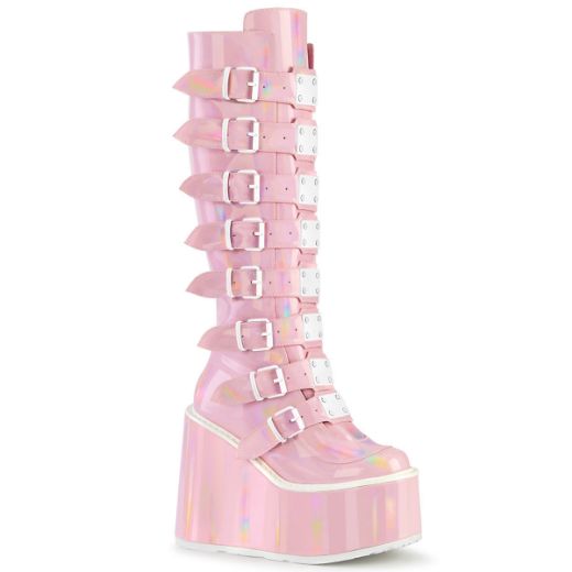 Image of Demonia SWING-815 B.Pink Hologram 5 1/2 Inch PF Knee High Boot w/ 8 Buckle Straps Back Metal Zip