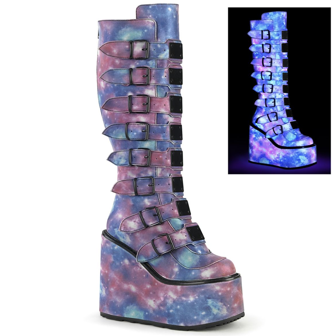 Image of Demonia SWING-815 Purple-Blue Reflective Vegan Leather 5 1/2 Inch PF Knee High Boot w/ 8 Buckle Straps Back Metal Zip