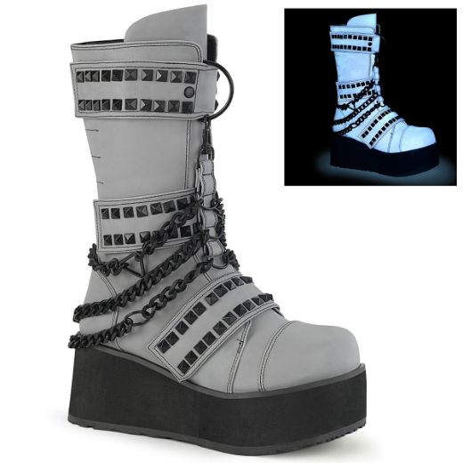 Image of Demonia TRASHVILLE-138 Grey Multi Reflective Vegan Leather 3 1/4 Inch PF 3 Hook and Loop Strap Mid-Calf Boot Back Zip