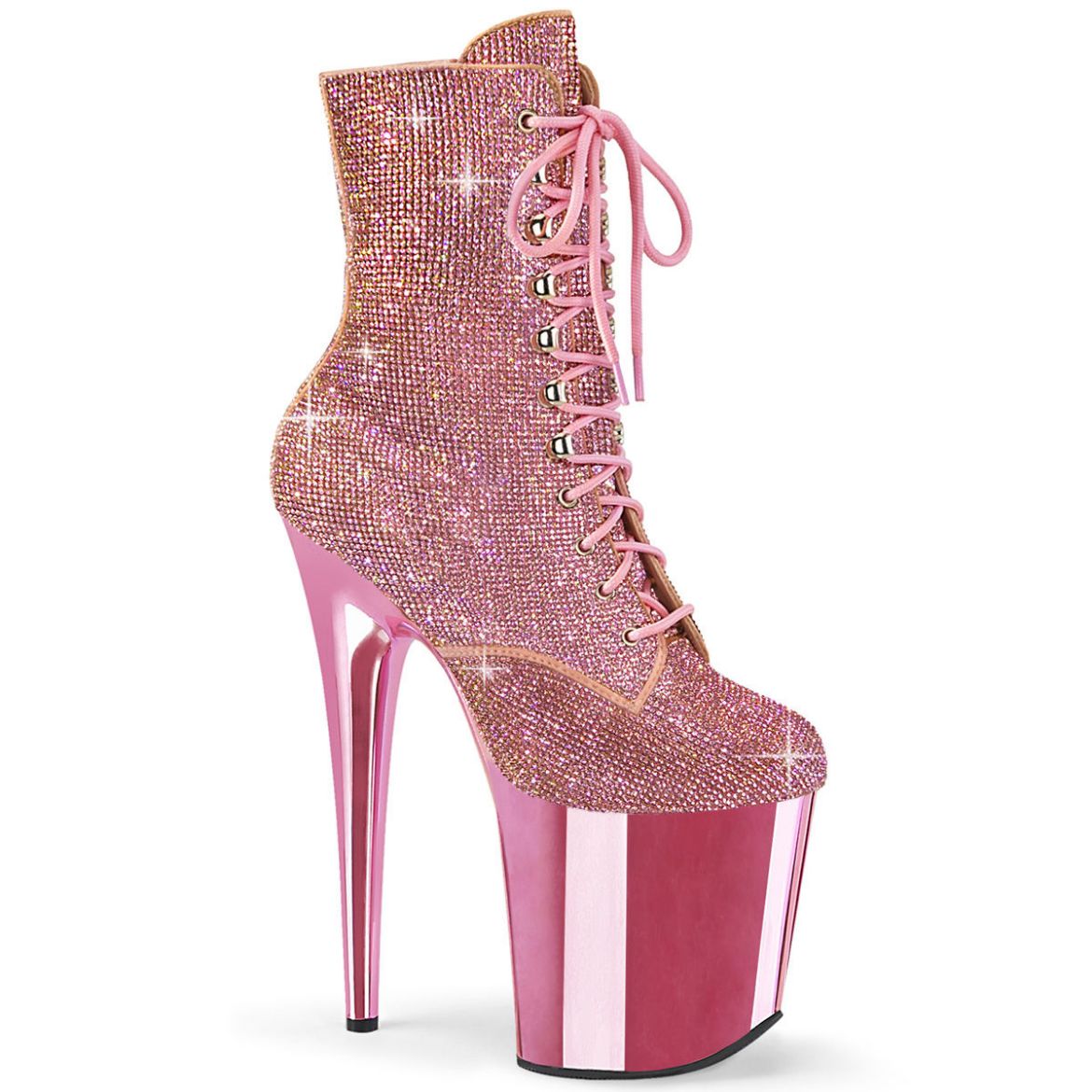 Image of Pleaser FLAMINGO-1020CHRS B. Pink RS/B. Pink Chrome 8 Inch Heel  4 Inch PF Lace-Up RS Embellished Ankle Boot Side Zip