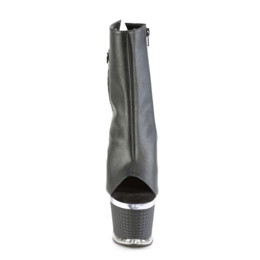 Image of Pleaser SPECTATOR-1018 Blk Faux Leather/Clr-Blk Matte 7 Inch Heel 3 Inch Textured PF Open Toe/Heel Ankle Boot Side Zip