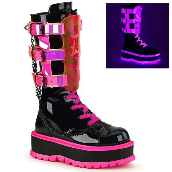 Image of Demonia SLACKER-156 Blk Patent-UV Neon Pink 2 Inch PF Lace-Up Mid-Calf Boot Metal Side Zip