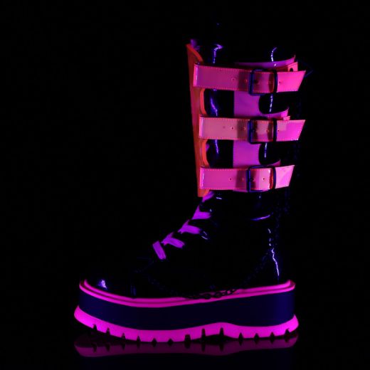 Image of Demonia SLACKER-156 Blk Patent-UV Neon Pink 2 Inch PF Lace-Up Mid-Calf Boot Metal Side Zip