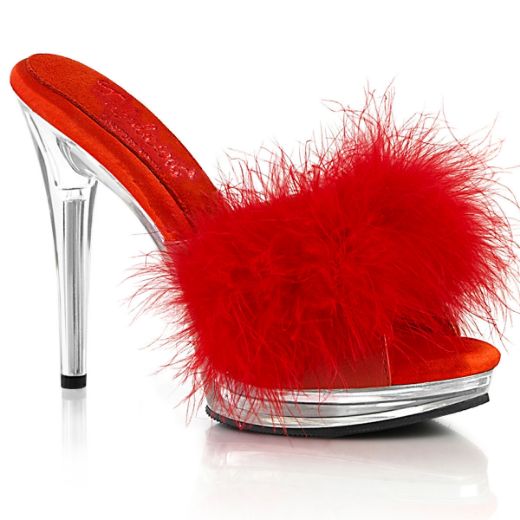 Image of Fabulicious GLORY-501F-8 Red Faux Leather-Fur/Clr 5 Inch Heel 3/4 Inch PF Marabou Slipper