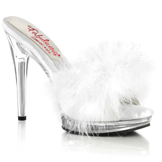 Image of Fabulicious GLORY-501F-8 Wht Faux Leather-Fur/Clr 5 Inch Heel 3/4 Inch PF Marabou Slipper