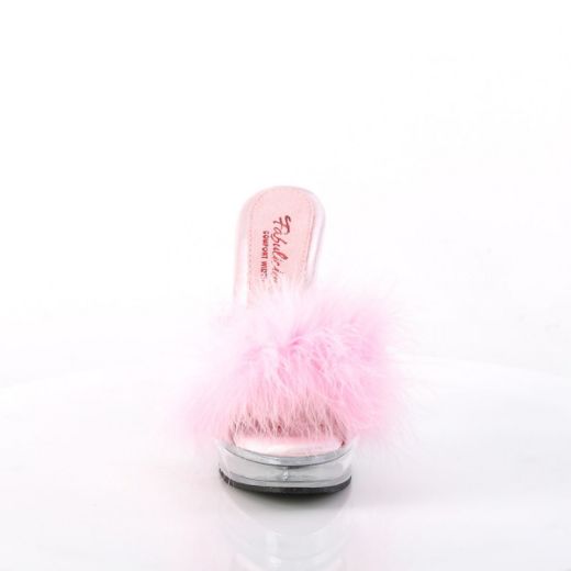 Image of Fabulicious MAJESTY-501F-8 B. Pink Faux Leather-Fur/Clr 5 Inch Heel 7/8 Inch PF Marabou Slipper