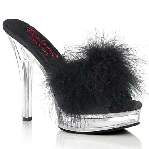 Image of Fabulicious MAJESTY-501F-8 Blk Faux Leather-Fur/Clr 5 Inch Heel 7/8 Inch PF Marabou Slipper