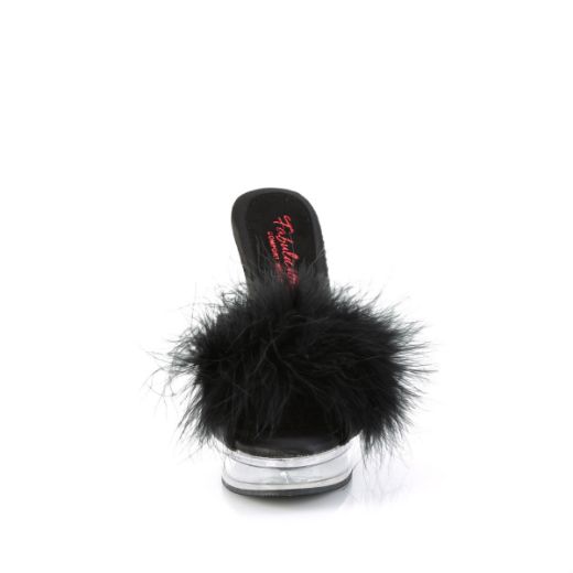 Image of Fabulicious MAJESTY-501F-8 Blk Faux Leather-Fur/Clr 5 Inch Heel 7/8 Inch PF Marabou Slipper