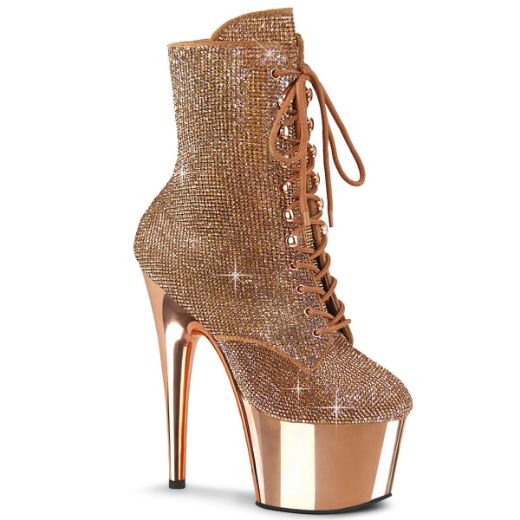 Image of Pleaser ADORE-1020CHRS Rose Gold RS/Rose Gold Chrome 7 Inch Heel  2 3/4 Inch PF RS Embellished Ankle Boot Side Zip