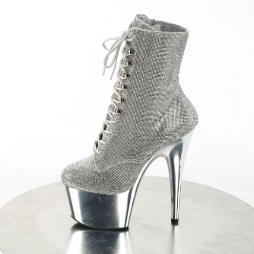 Image of Pleaser ADORE-1020CHRS Slv RS/Slv Chrome 7 Inch Heel  2 3/4 Inch PF RS Embellished Ankle Boot Side Zip