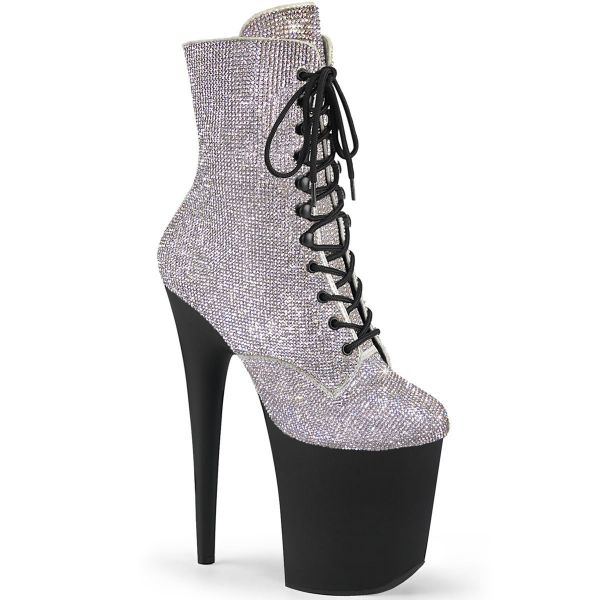 Image of Pleaser FLAMINGO-1020RS Slv RS/Black Matte 8 Inch Heel  4 Inch PF Lace-Up RS Embellished Ankle Boot Side Zip