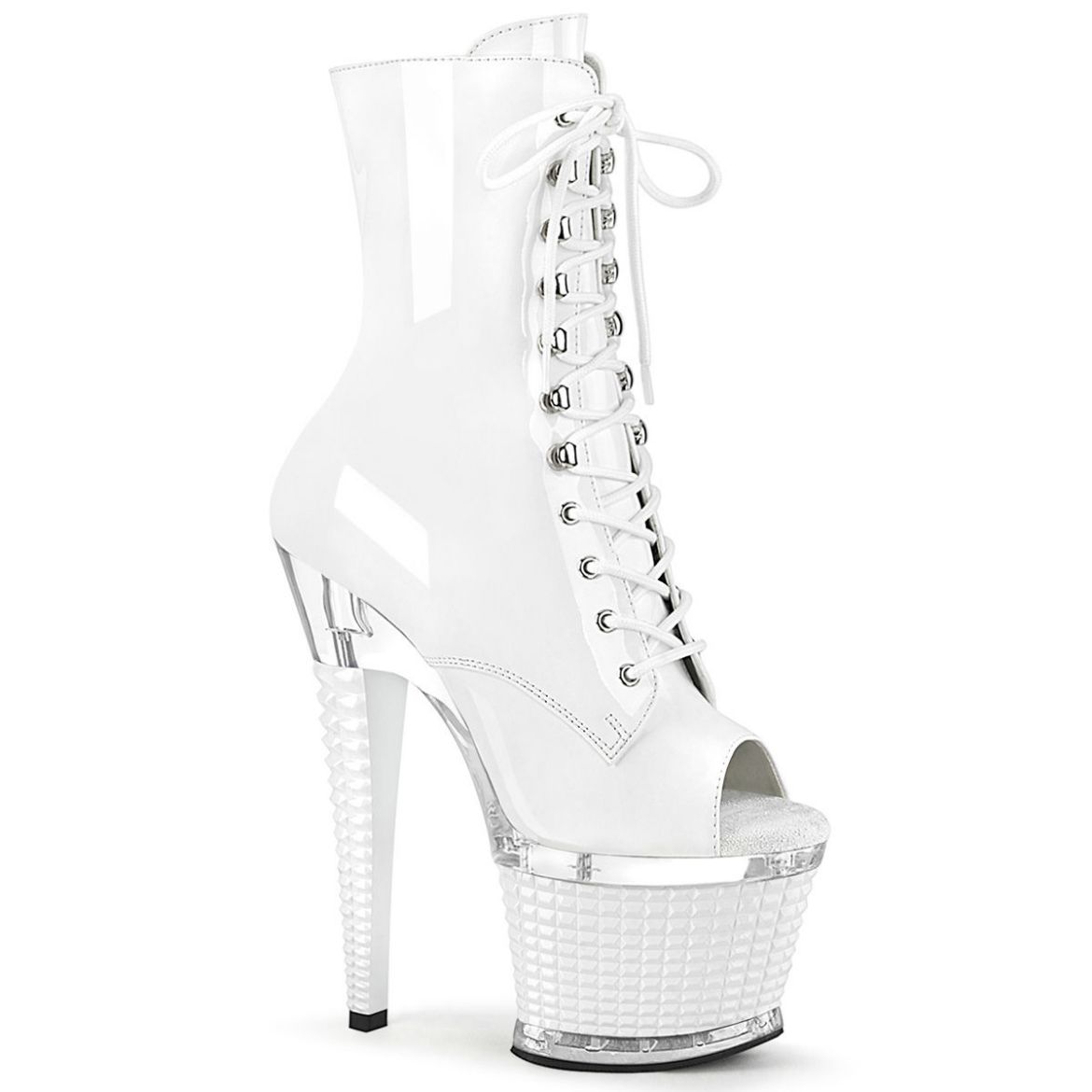 Image of Pleaser SPECTATOR-1021 Wht Pat/Clr-Wht 7 Inch Heel 3 Inch Textured PF Peep Toe Ankle Boot Side Zip
