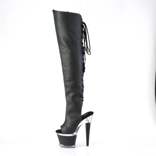 Image of Pleaser SPECTATOR-3019 Blk Faux Leather/Clr-Blk Matte 7 Inch Heel 3 Inch Textured PF Over-The-Knee Boot Side Zip